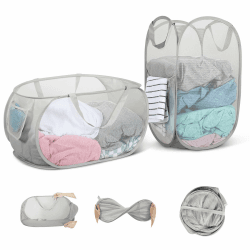 Pop Up Wäschekorb Faltbar 2 Stück aus Netzmaterial (36 * 36 * 58cm) mit Henkel für Badezimmer, Camping, College Dorm und Reisen Grau 1x Quer, 1x Hoch Angebot bei HelloDeals