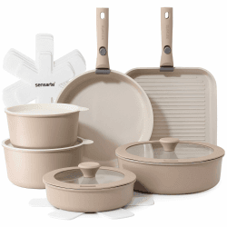 SENSARTE Keramik Topfsets Pfannenset 17 Teiliges, Antihaft Kochgeschirr mit Abnehmbarem Griff, Für alle Herdarten geeignet, Spülmaschinenfest, Ofenfest (Beige） Beige 17 Teiliges Angebot bei HelloDeals