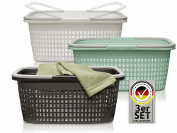 Hausfelder Wäschekorb Set, 3er Set, 35 l | 3er Set, 35 l, für Bad & Haushalt, stapelbar, mit Henkel, Wäschekorb, Wäschewanne, Griffen Farbmix 3 Körbe Angebot bei HelloDeals