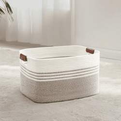 Wäschekorb Geflochten Klein aus Baumwollseil, 45L Aufbewahrungskorb mit Lederhenkeln, Korb für Decken, Kleidung, Spielzeug, Laundry Basket für Kinderzimmer Wohnzimmer, 45 x 35 x 27 cm, Weiß und Braun Braun 45L Angebot bei HelloDeals