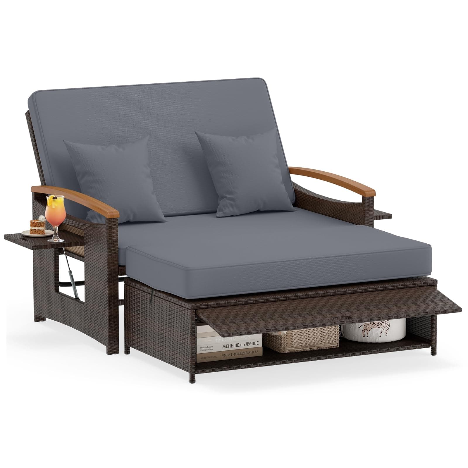 COSTWAY Rattan Lounge Sofa, Lounge Möbel Outdoor, Gartensofa mit Liegefunktion, 2-Sitzer Gartenlounge mit Kissen & Seitenablagen, Polyrattan Gartenmöbel, Balkon Möbel, Balkonmöbel Kleiner Balkon Braun Meliert-grau Angebot bei HelloDeals