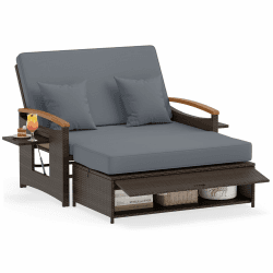COSTWAY Rattan Lounge Sofa, Lounge Möbel Outdoor, Gartensofa mit Liegefunktion, 2-Sitzer Gartenlounge mit Kissen & Seitenablagen, Polyrattan Gartenmöbel, Balkon Möbel, Balkonmöbel Kleiner Balkon Braun Meliert-grau Angebot bei HelloDeals
