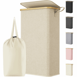 Lifewit 80L Wäschekorb Schmal mit Deckel, Faltbarer Wäschesammler Schmal mit Wäschesack, Laundry Basket Wäscheboxen aus Bambus mit Tragegriff für Apartment, Wohnheim und Wohnwagen, Beige Beige 80L Angebot bei HelloDeals