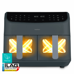 MEDION P20 XXL Heißluftfritteuse mit 2 Kammern (8,7 Liter, Airfryer, 2.600 Watt, Doppelkammer, 10 Automatikprogramme, 2 Schubladen, Sichtfenster, Dualer Airfryer, ILAG PFAS-frei, MD11760) matt grau Mattgrau Angebot bei HelloDeals