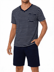 Litherday Schlafanzug Herren Kurz Pyjama Baumwolle Sommer Pyjama Set Kurzarm Zweiteiliger Nachtwäsche Männer Gestreift Marineblau + Weiß XL Angebot bei HelloDeals