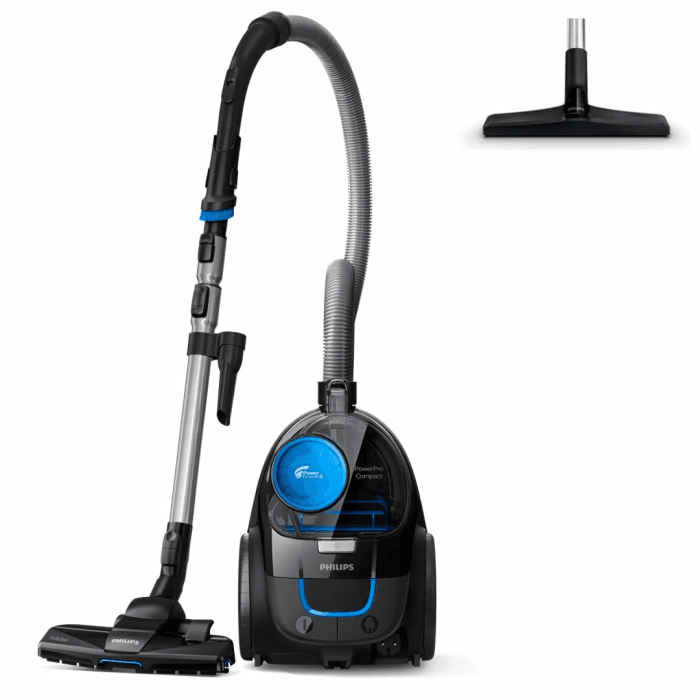 PHILIPS PowerCyclone 5 Kompakt Staubsauger ohne Beutel - 900 W Leistung, Allergy H13 Anti-Pollen Filter, PowerCyclone Technologie, 99,9% Feinstaubabscheidung, TriActive Bürste (FC9331/09) 1,5L Staubvolumen Schwarz-blau Angebot bei HelloDeals