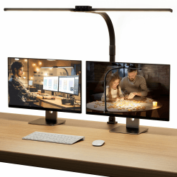 SIBRILLE Schreibtischlampe LED, Doppelkopf Schreibtischlampe Dimmbar, Klemmbar Desk Lamp für Büro, Augenschutz Monitor Lampe Tageslichtlampe, PC Lampe Tischlampe mit Schwanenhals, Schwarz Schwarz Kleine Angebot bei HelloDeals
