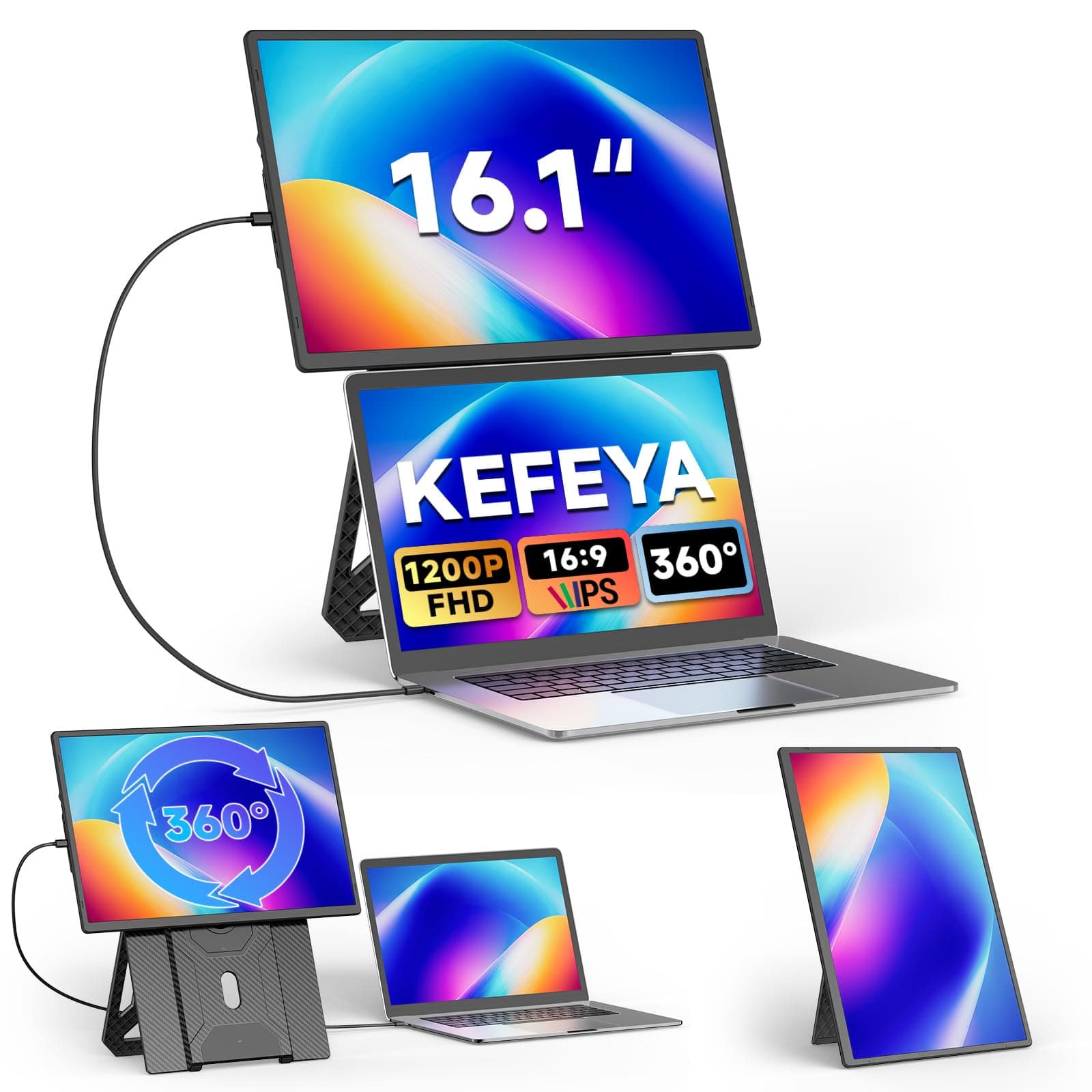 KEFEYA 16.1" Laptop Bildschirm Erweiterung, Tragbarer FHD 1200P IPS Monitor, 360° Drehbarer Abnehmbarer Magnetständer, Plug-and-Play für Geschäftsreisen, Kompatibel mit Windows/Mac/VESA Angebot bei HelloDeals
