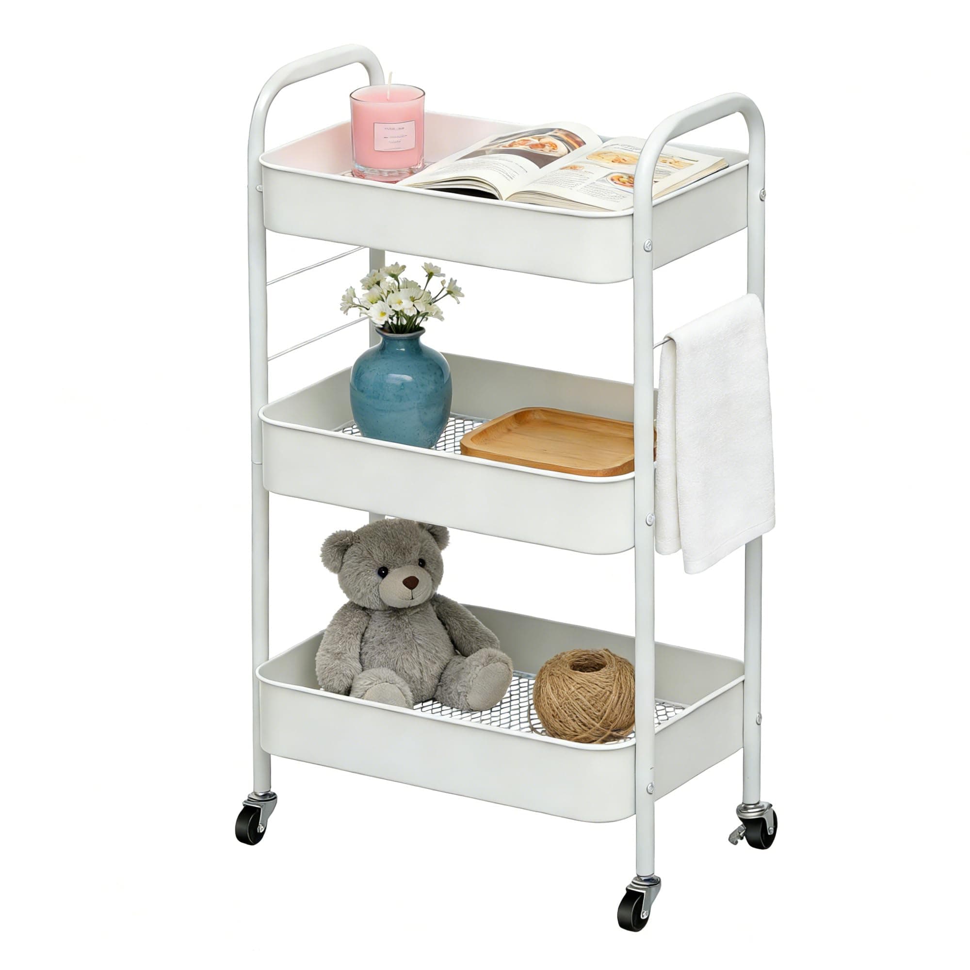 Rollwagen mit 3 Etagen, Aufbewahrungswagen aus Metall mit Rollen für Zuhause, Badezimmer, Küche, Wäsche, Büro und Rollwagen Küche für Bücher, Gemüse und Snacks, Weiß White Angebot bei HelloDeals