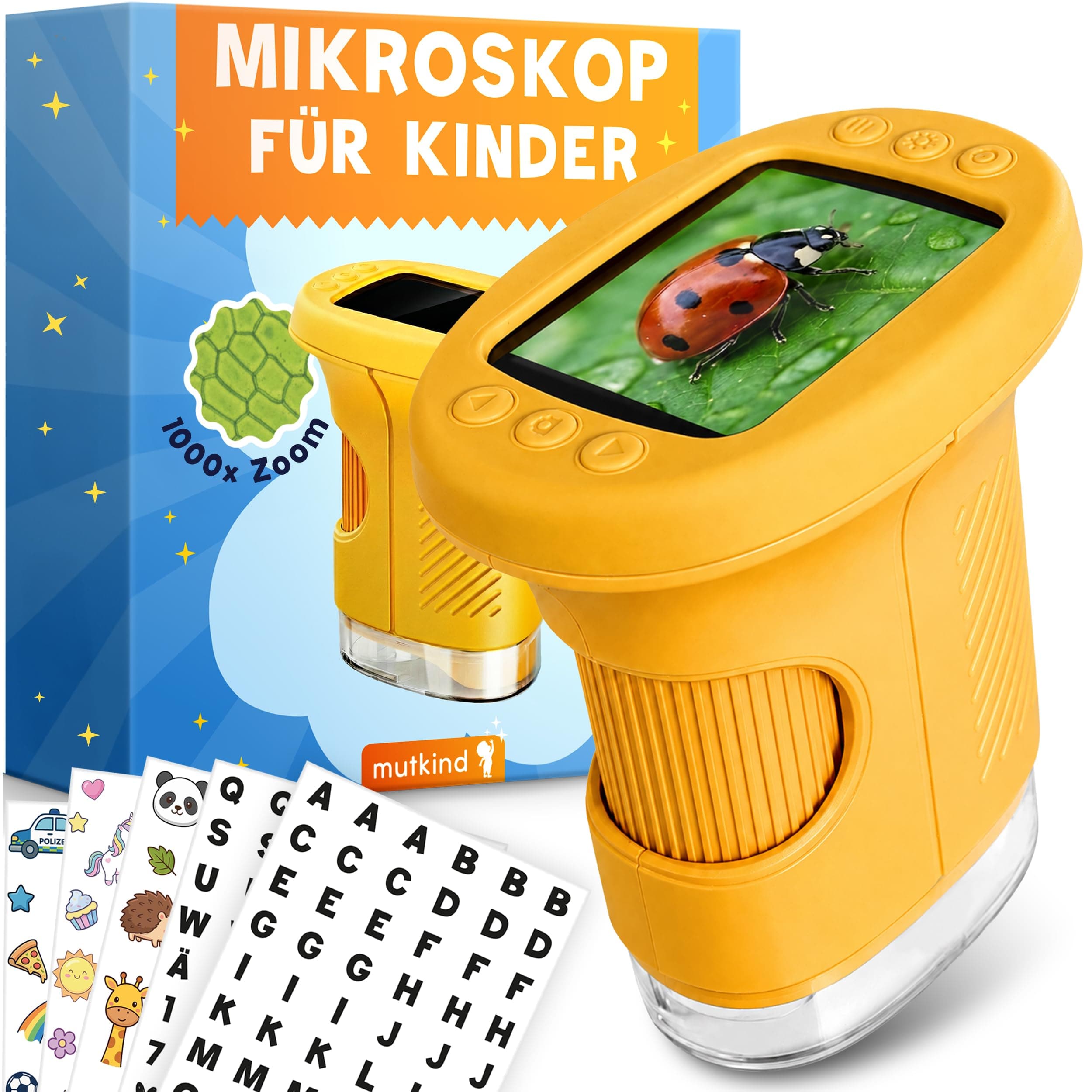 Mutkind® Digitales Mikroskop für Kinder [1000X Vergrößerung & Fotofunktion] - Tragbares Taschenmikroskop für Garten, Wald & Experimente - Kinder Mikroskop Spielzeug [HD-Bildschirm & 150+ Stickern] Gelb Angebot bei HelloDeals