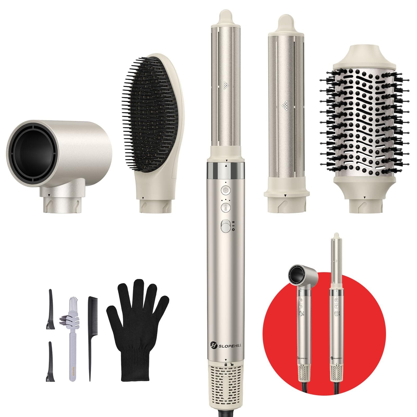 slopehill 5 IN 1 Airstyler, Hairstyler, Lockenstab Auto-Wrap, Ionen Föhn (110.000 RPM), Warmluftbürste & Glätteisen | Zum Styling, Volumisieren, Locken und Glätten - Zuhause & Reisen （Champagne-Gold） Angebot bei HelloDeals