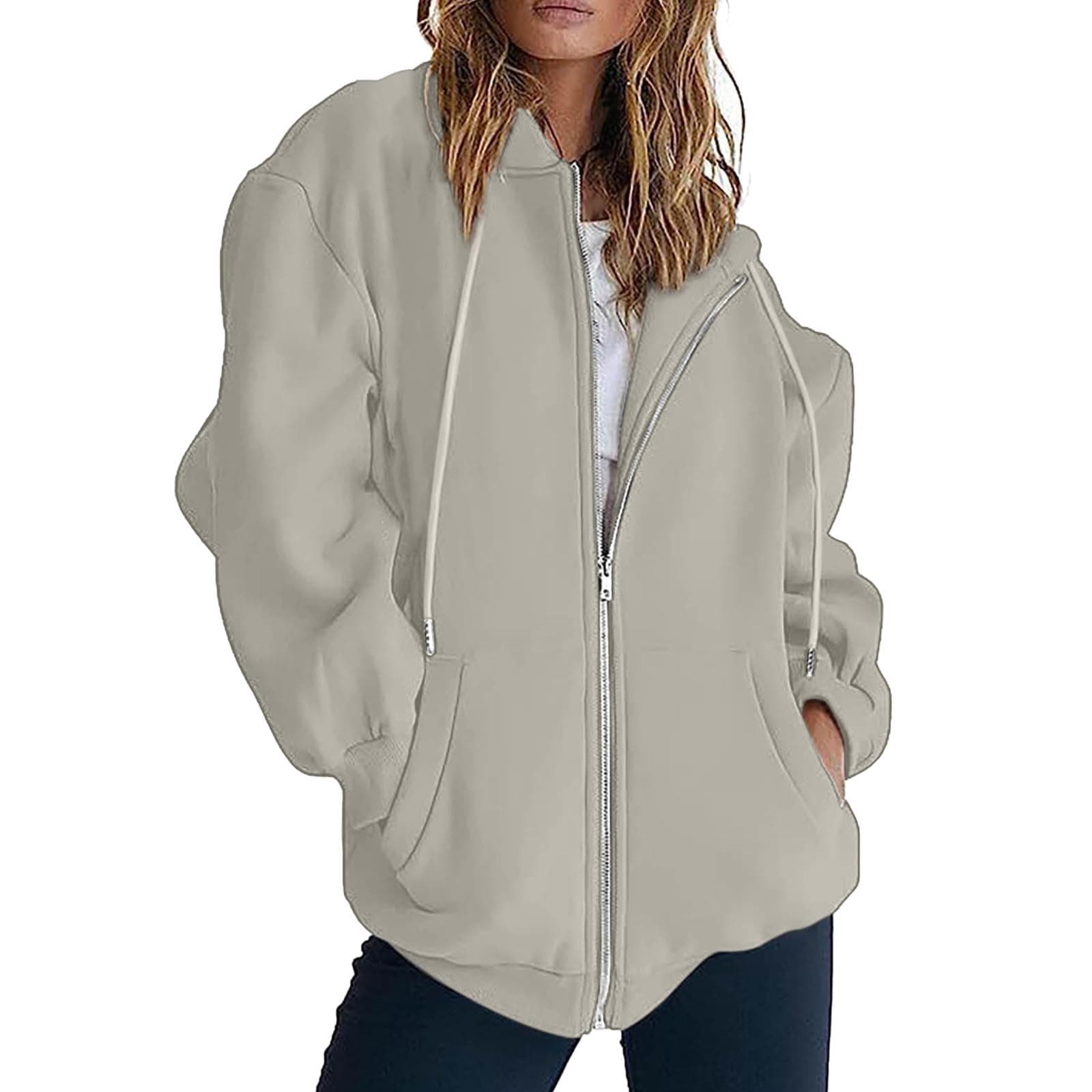 Sweatjacke Damen mit Kapuze Oversized Pullover mit Reißverschluss - Oversize Übergangsjacke Zip Hoodie Herbst Sportjacke Dünne Kapuzenjacke Trainingsjacke Hoody Kapuzenpullover Joggingjacken S-3XL A1 Khaki S Angebot bei HelloDeals