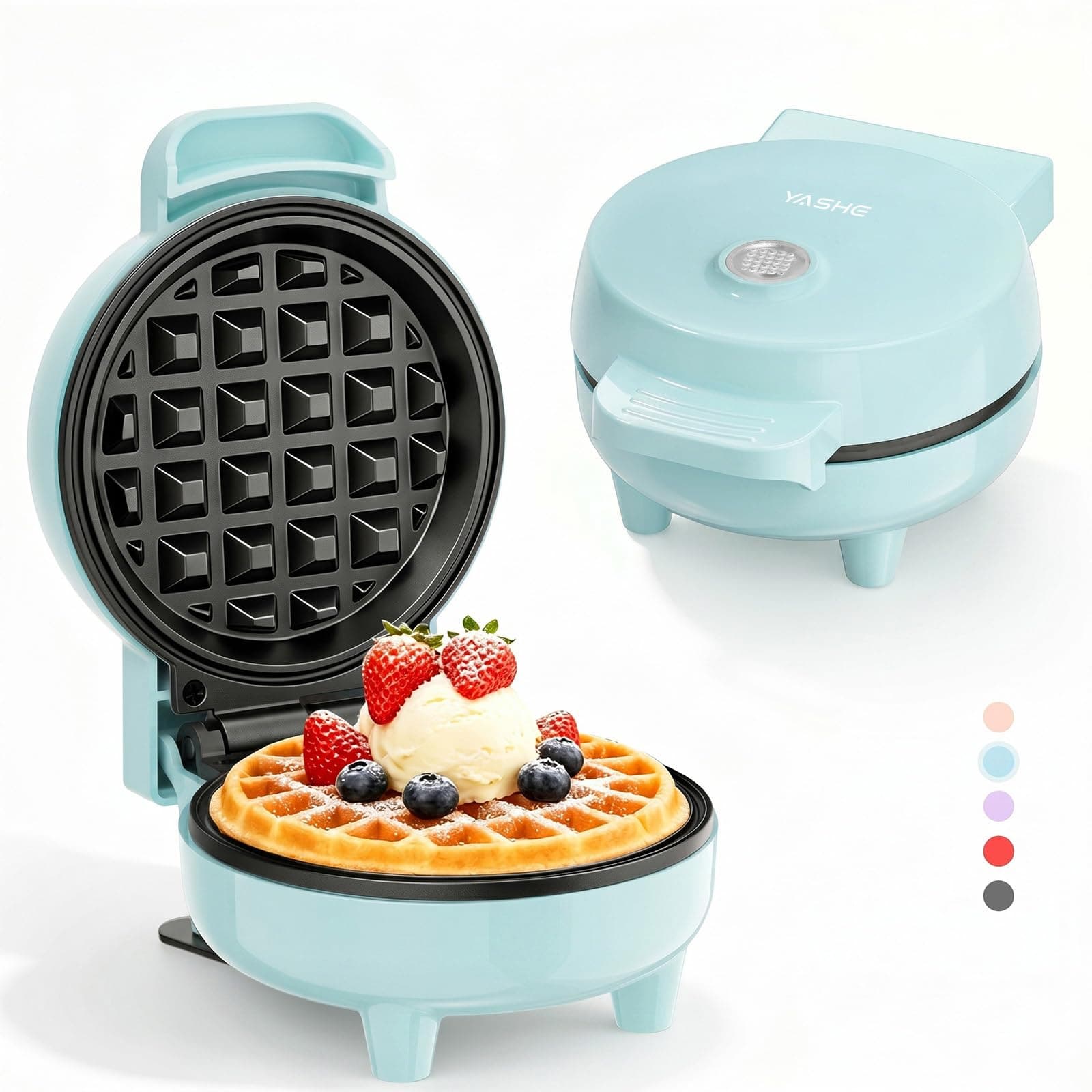 YASHE Mini Waffeleisen, 550W Mini Waffelmaschine mit Antihaftbeschichtung, Kontrollleuchte, Cool-Touch-Griff, Kompaktes Waffeleisen für Frühstück, Desserts & Snacks, Blau Angebot bei HelloDeals
