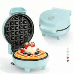 YASHE Mini Waffeleisen, 550W Mini Waffelmaschine mit Antihaftbeschichtung, Kontrollleuchte, Cool-Touch-Griff, Kompaktes Waffeleisen für Frühstück, Desserts & Snacks, Blau Angebot bei HelloDeals