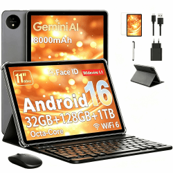 Tablet 11 Zoll mit Gemini AI, Android 16 Tablets mit Hülle, Maus & Tastatur, Octa-Core, 32 GB RAM + 128 GB ROM + 1 TB TF, 1920x1200 HD Display, 90 Hz, 8MP + 16MP Duale Kamera, 8000 mAh (Grau) Angebot bei HelloDeals