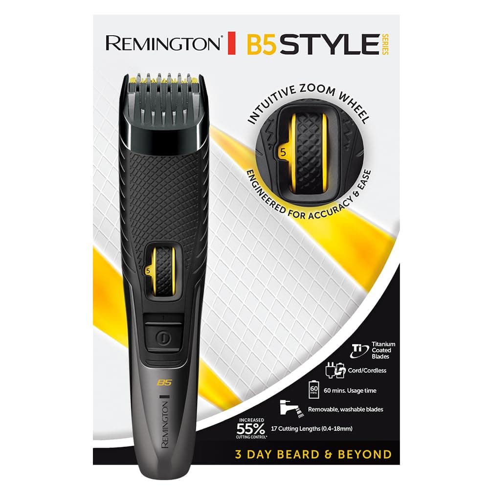 Remington Barttrimmer [17 Längeneinstellungen 0,4-18mm] Bartschneider Style Series (selbstschärfende titanbeschichtete Klingen, Zoomrad zur Einstellung, Netz-/Akkubetrieb, 60 Min.Akkubetrieb) MB5000 MB5000 Schwarz Angebot bei HelloDeals
