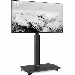 AOKCOS TV Bodenständer Rollbar mit Holzregal, TV Ständer mit Rollen für 43-75 Zoll Flach & Curved Fernseher bis 50kg, Höhenverstellbar Schwenkbar Fernsehstand, Max.VESA 600x400mm Schwarz Angebot bei HelloDeals