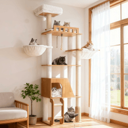 Hey-brother Holz Kratzbaum, 184cm Katzenbaum für Großkatze, mehrstöckiger Stabil Katzenkratzbaum Mit Grosse Plattformen, Korb, Katzenhöhle, Kämmmaschine und Leiter, Noyer EMPJ121WB Angebot bei HelloDeals