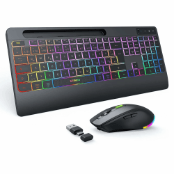 seenda JPX006 Tastatur Maus Set kabellos beleuchtet mit USB-A & USB-C Anschluss, wiederaufladbar, ergonomisch mit Handyhalter & Handballenauflage, leise Tasten, für PC & Mac– QWERTZ Layout Angebot bei HelloDeals
