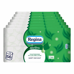 Regina Aloe Vera 3-lagiges Toilettenpapier – 56-Rollen-Packung, 150 Blatt pro Rolle, Sanft und Zuverlässig, Pflegt dank Aloe-Vera-Essenz, FSC-zertifiziertes Papier | 3-lagiges, Sanft und Zuverlässig, Pflegt dank Aloe-Vera-Essenz, FSC-zertifiziertes Papier Angebot bei HelloDeals