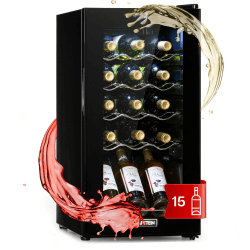 Klarstein Shiraz Weinkühlschrank Schwarz – 15 Flaschen, 44 L, 1 Zone | Getränkekühlschrank mit Glastür, freistehend, leise, 5–18 °C, LED, Edelstahlrahmen, schmal 1 Zone / 15 Flaschen Schwarz Angebot bei HelloDeals