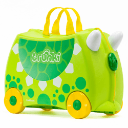 Trunki Der originale Kinderkoffer zum Draufsitzen - 18-L Handgepäck Koffer, befahrbarer Hartschalen Reisekoffer mit Rollen, inklusive Zuggurt/Schultergurt Trunkisaurus Rex (Grün) Angebot bei HelloDeals