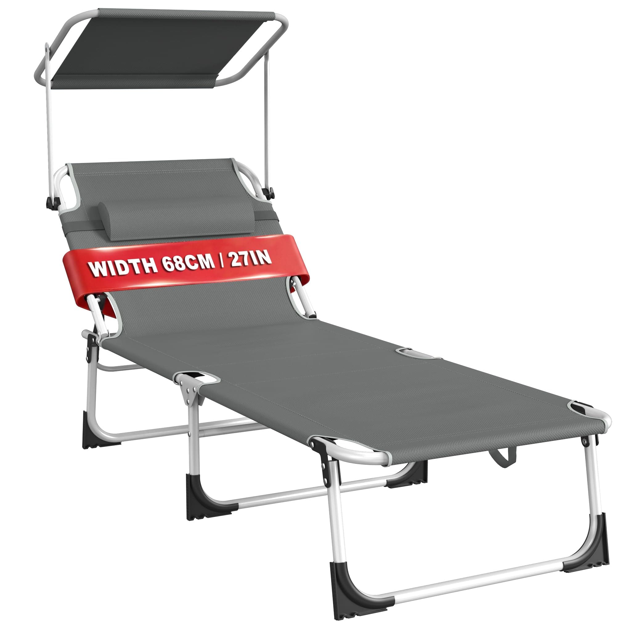 AufuN Sonnenliege Klappbar mit Dach und Seitentasche 195x68 cm, wetterfeste Gartenliege, stabile Strandliege, Sonnenschutz & verstellbare Rückenlehne, bis 100 kg, ideal für Terrasse Campin, Anthrazit Angebot bei HelloDeals