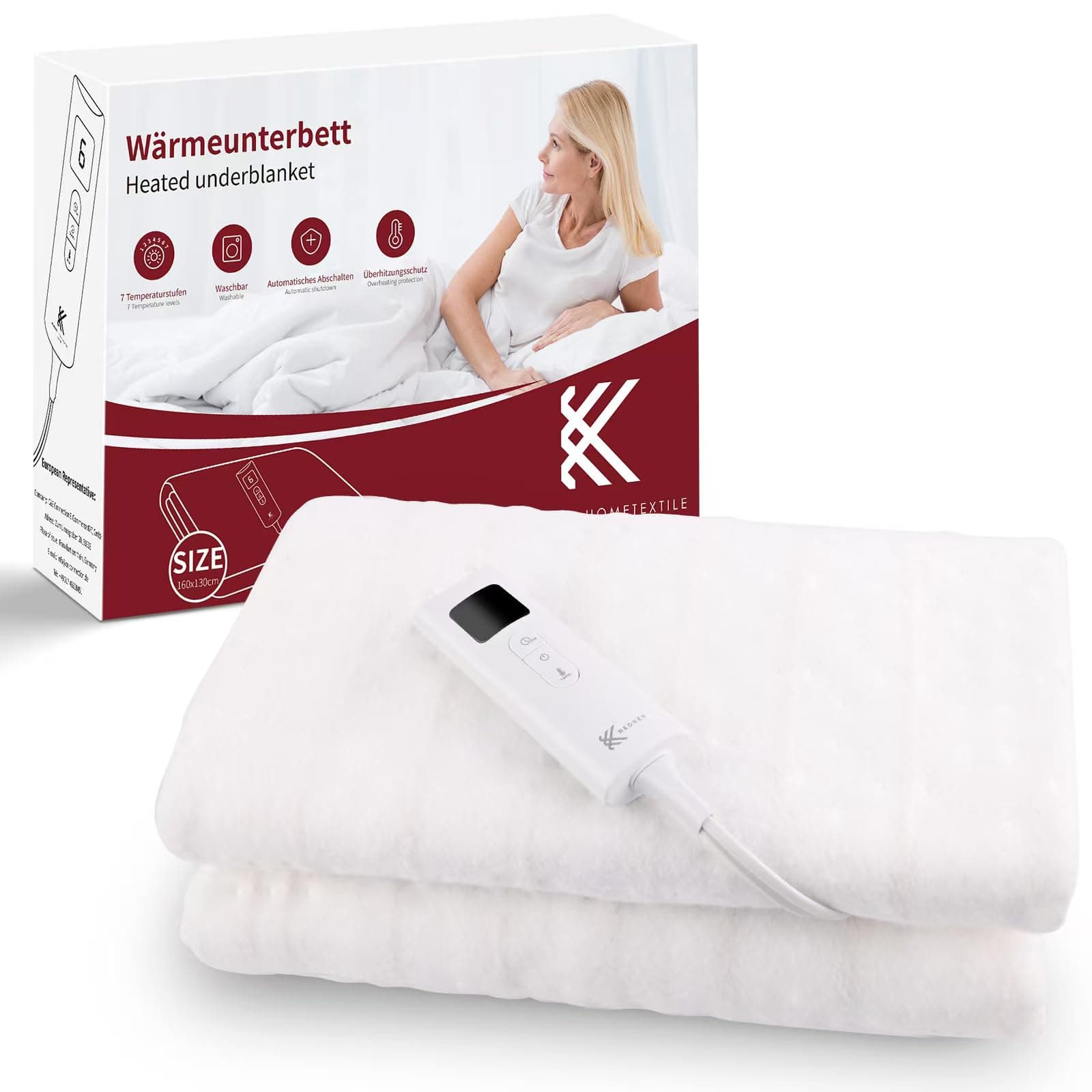 REDKEY Wärmeunterbett mit Abschaltautomatik, Heizdecke Unterbett mit 7 Temperaturstufen, Heizunterbett mit Überhitzungsschutz, waschbar, 160x130 cm, Befestigungsgurte Angebot bei HelloDeals