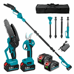 Yofidra 4-in-1 Akku Hochentaster, 6 Zoll Teleskop Kettensäge Akku & 30mm Elektrische Astschere, 180° Einstellbarer Winkel, Baumsäge Elektrisch mit 2x3.0Ah Akku, Teleskopstange bis zu 4,6m Blau Angebot bei HelloDeals