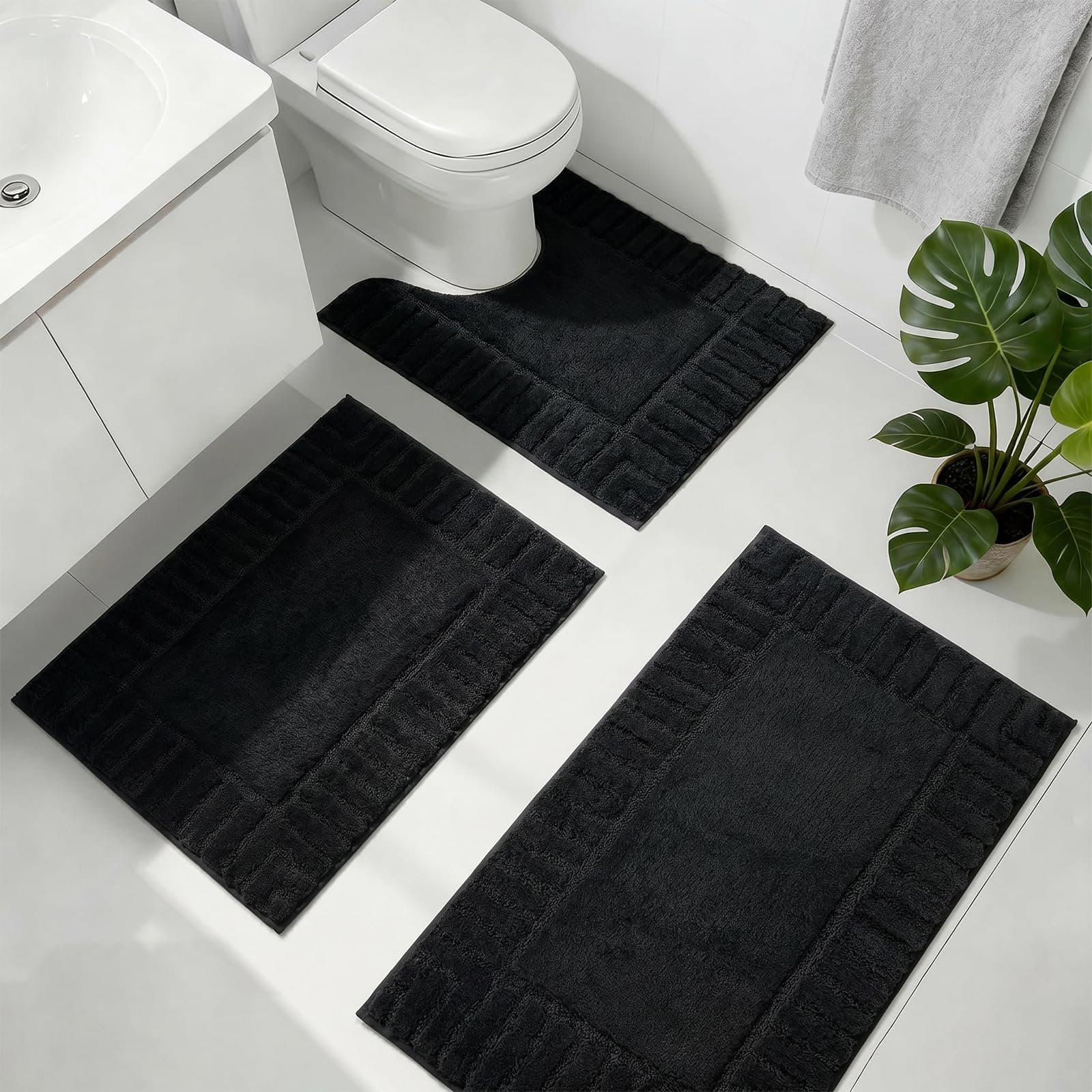 Famibay Badezimmerteppich Set 3 Teilig rutschfest Badteppich Waschbar Badematte Und WC Vorleger Weich Absorbierende Badvorleger Schwarz Badezimmer Teppich Schwarz 45x65+50x80+50x60cm Angebot bei HelloDeals