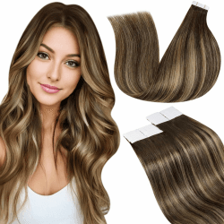 LaaVoo Extensions Echthaar Tape Braun Balayage Echthaar Tape Extensions Dunkelbraun Ombre Karamellblond Haarverlängerung Echthaar Tapes 40cm Seamless Extensions Echthaar Tape 20Stück 50g #4/27/4 1.7#4/27/4 40cm-20pcs Angebot bei HelloDeals