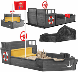 KIDIZ® Sandkasten AHOI - Piratenschiff Boot Segelschiff aus Holz Inkl. Abdeckung, Bodenplane, Sitzbank, Flaggenmast, | Große Kinder Sandkiste für den Garten | Outdoor Sandbox Anthrazit Antrazit Angebot bei HelloDeals