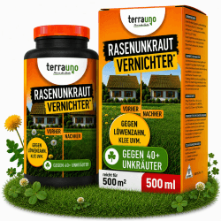 TerraUno Unkrautvernichter Rasen 500 ml, Flüssiges Unkrautvernichtungsmittel extra stark, gegen über 40 Unkräuter, Löwenzahn und Klee Vernichter, Rasenunkrautvernichter mit wurzeltiefer Wirkung Angebot bei HelloDeals