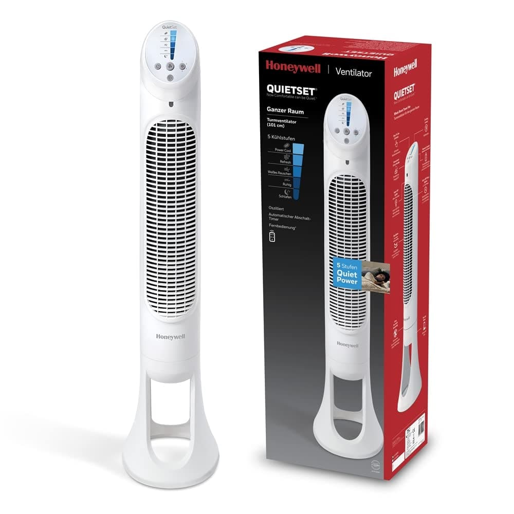 Honeywell QuietSet Oszillierender Turmventilator für den ganzen Raum (5 Geschwindigkeitseinstellungen, Oszillation 80°, Timer-Funktion, Auto-AUS für Beleuchtung, Fernbedienung) HYF260, Weiß HYF260 Single Angebot bei HelloDeals