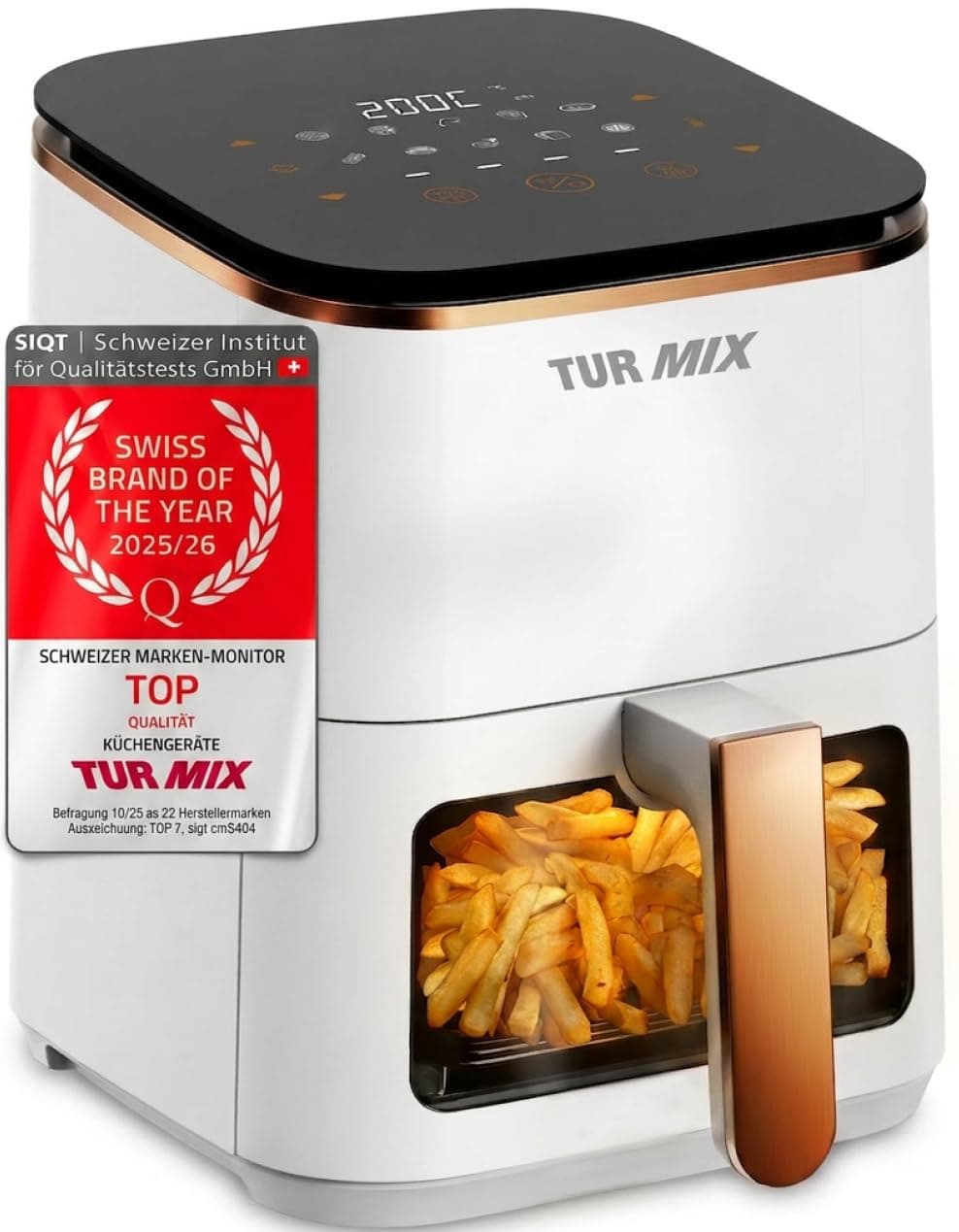 Preisgekrönt Heißluftfritteuse weiß TURMIX CX 250 - Compact 3.5L Airfryer 1350W Transparentes Fenster, Touchdisplay mit 10 automatische Garprogramme - Schweizer Marke des Jahres Angebot bei HelloDeals