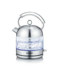 SEVERIN Retro Glas Wasserkocher, XXL-Füllvolumen von 1,7L, leistungsstarker und kompakter Wasserkocher im hochwertigen Retro-Design, elektrisch, Glas/Edelstahl-gebürstet, WK 3459 1,7L, Retro-Look Angebot bei HelloDeals