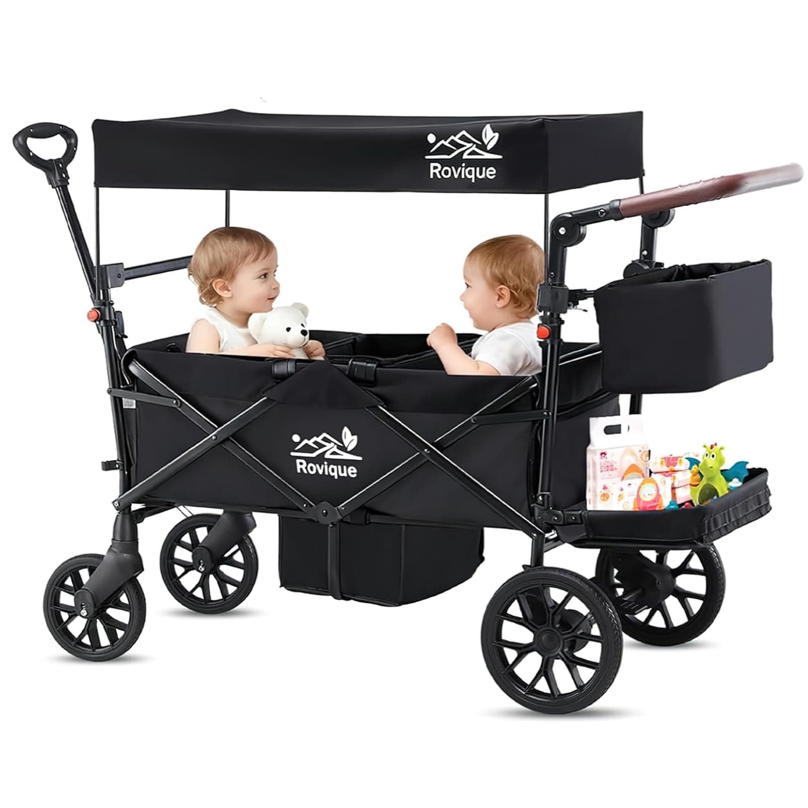 Rovique Bollerwagen für 2 Kinder,faltbarer Bollerwagen mit Dach Kinderwagen Handwagen mit 5-Punkt-Gurt,Tür mit Reißverschluss,Snack Tablett,verstellbarer Griff,Ziehen & Schieben,schwarz Angebot bei HelloDeals
