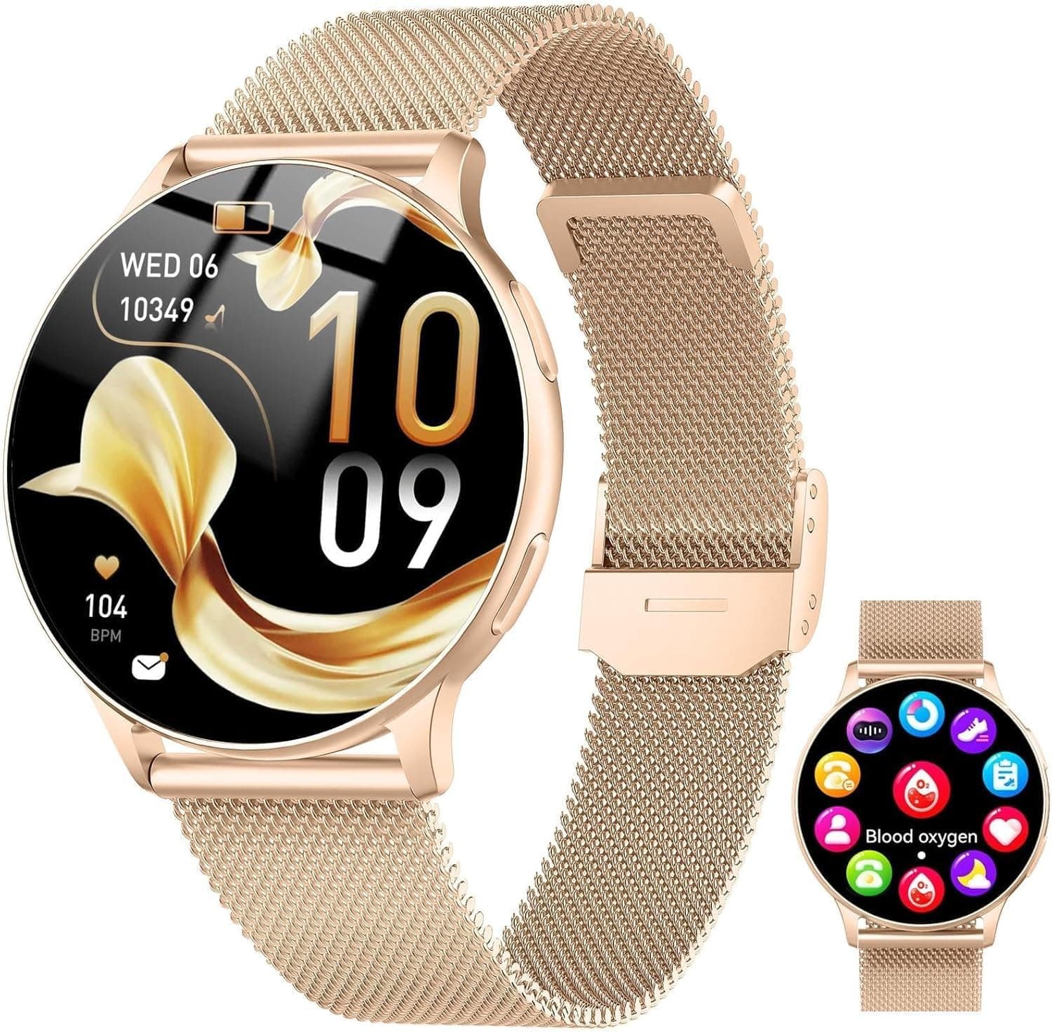 Smartwatch Damen mit Telefonfunktion, 1.32" AMOLED Smart Watch, Herzfrequenz SpO2 Schlafmonitor Schrittzähler Uhr Damen, 120+ Sportmodi Fitness Tracker, IP68 Wasserdicht Fitnessuhr iOS Android Gold Angebot bei HelloDeals