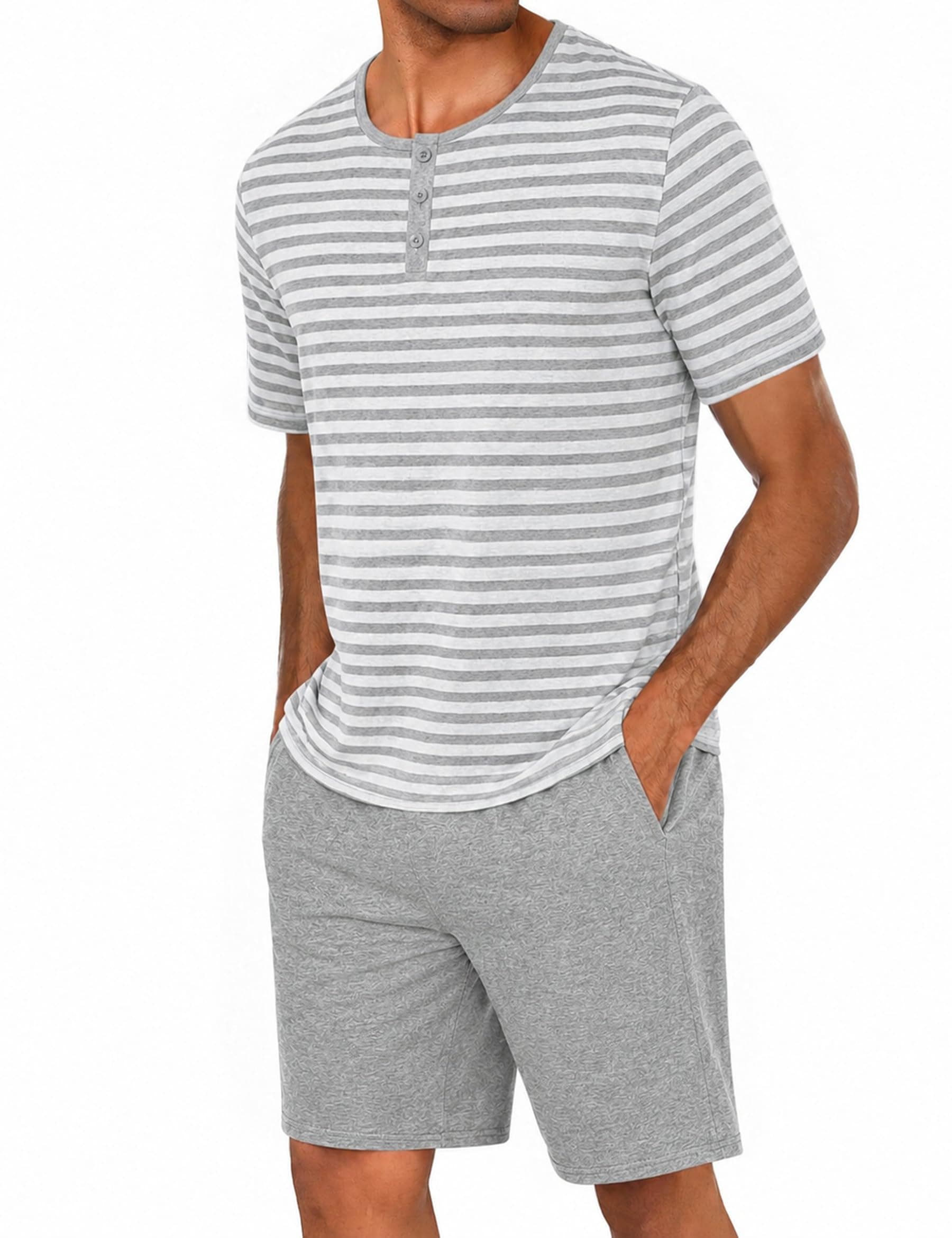 Marvmys Schlafanzug Herren Kurz Sommer Pyjama Set aus Atmungsaktiver Baumwolle Zweiteiliger Kurzer Nachtwäsche Männer Kurzarm T-Shirt und Kurze Hose mit Taschen Loungewear S-3XL A-stil B L Angebot bei HelloDeals