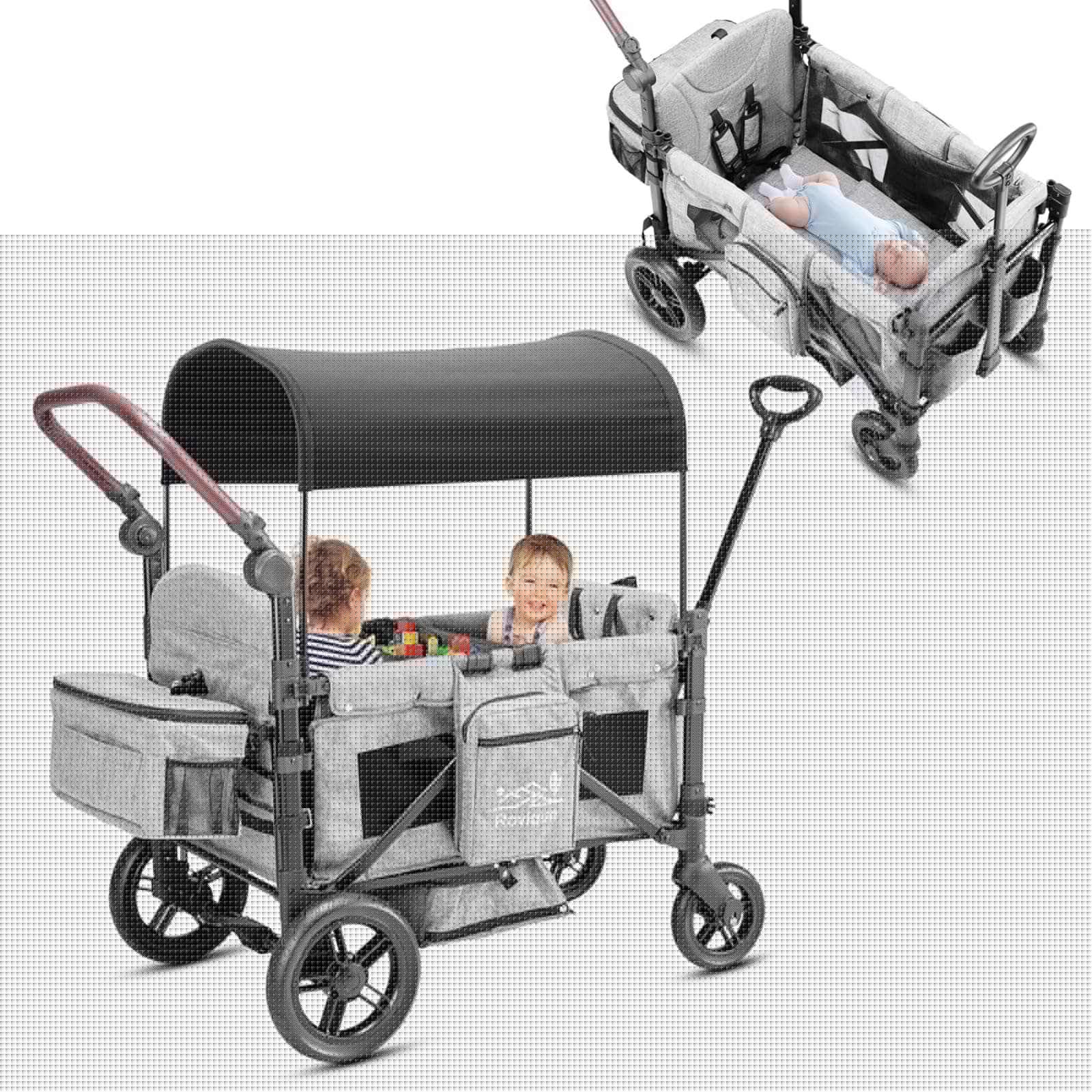 Bollerwagen faltbar mit Dach,Premium Bollerwagen für 2 Kinder Doppel-Kinderwagen Handwagen mit Dach,Snack Tablett,5-Punkt-Gurt,geländegängigen PU-Rädern Transportwagen Ziehen & Schieben,grau Angebot bei HelloDeals