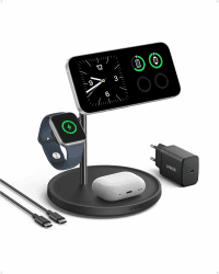 Anker MagGo 3-in-1 Kabellose Ladestation, 15W kabelloser Ladeständer, MagSafe-kompatibel, Qi2-zertifiziert, für iPhone 17/16/15/14 Serie, AirPods Pro, Apple Watch Ultra (Mit USB-C Netzteil und Kabel) Schwarz Angebot bei HelloDeals