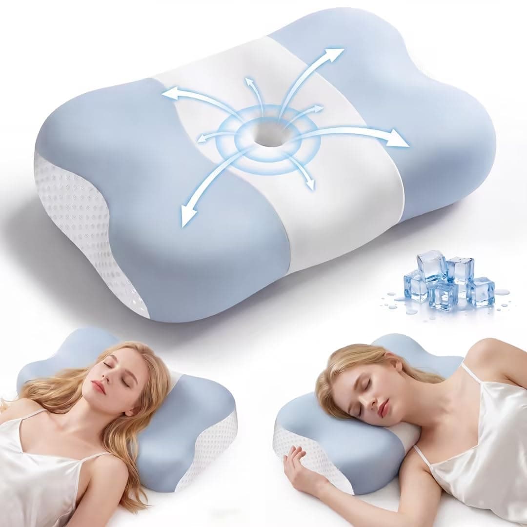 VYLEE Nackenkissen Memory Foam Kissen, Ergonomisches Kopfkissen für Seiten-, Rücken- und Bauchschläfer, Nackenstützkissen zum Schlafen mit kühlendem, waschbarem Bezug Blau-weiß Angebot bei HelloDeals