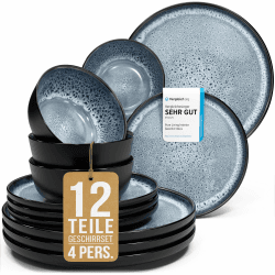 Steingut Geschirrset 4 Personen Ibiza 12 tlg. TESTSIEGER, Traumhaftes Mediterranes Steingut Geschirr Set, Schüssel- und Teller Set, Tafelservice 4 Personen, Geschirrsets Pure Living in Graublau Set 12 Teile 4 Pers. Graublau Angebot bei HelloDeals