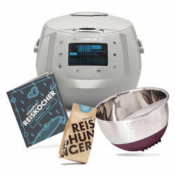 REISHUNGER Starter Set Digitaler Reiskocher & Dampfgarer Grau | inkl. Kochbuch, Reiswaschschüssel und 8 Sorten Reis (8 x 200g) Grau, Starter Set Angebot bei HelloDeals