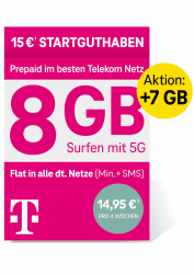 Telekom MagentaMobil Prepaid L SIM-Karte ohne Vertragsbindung, 5G inkl. I 15 GB & Allnet Flat (Min, SMS) in alle dt. Netze + EU-Roaming I Surfen mit 5G/ LTE Max & Hotspot Flat I 15 EUR Startguthaben Angebot bei HelloDeals