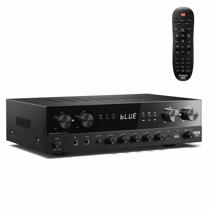 Donner Stereo Verstärker, Prämie 4-Kanal Verstärker mit 1000 W Maximalleistung und Bluetooth 5.3, USB, FM, 2 Mikrofoneingängen, Cinch, Glasfaser/Koaxial Eingang für Heim, Karaoke und Kinolautsprecher Angebot bei HelloDeals
