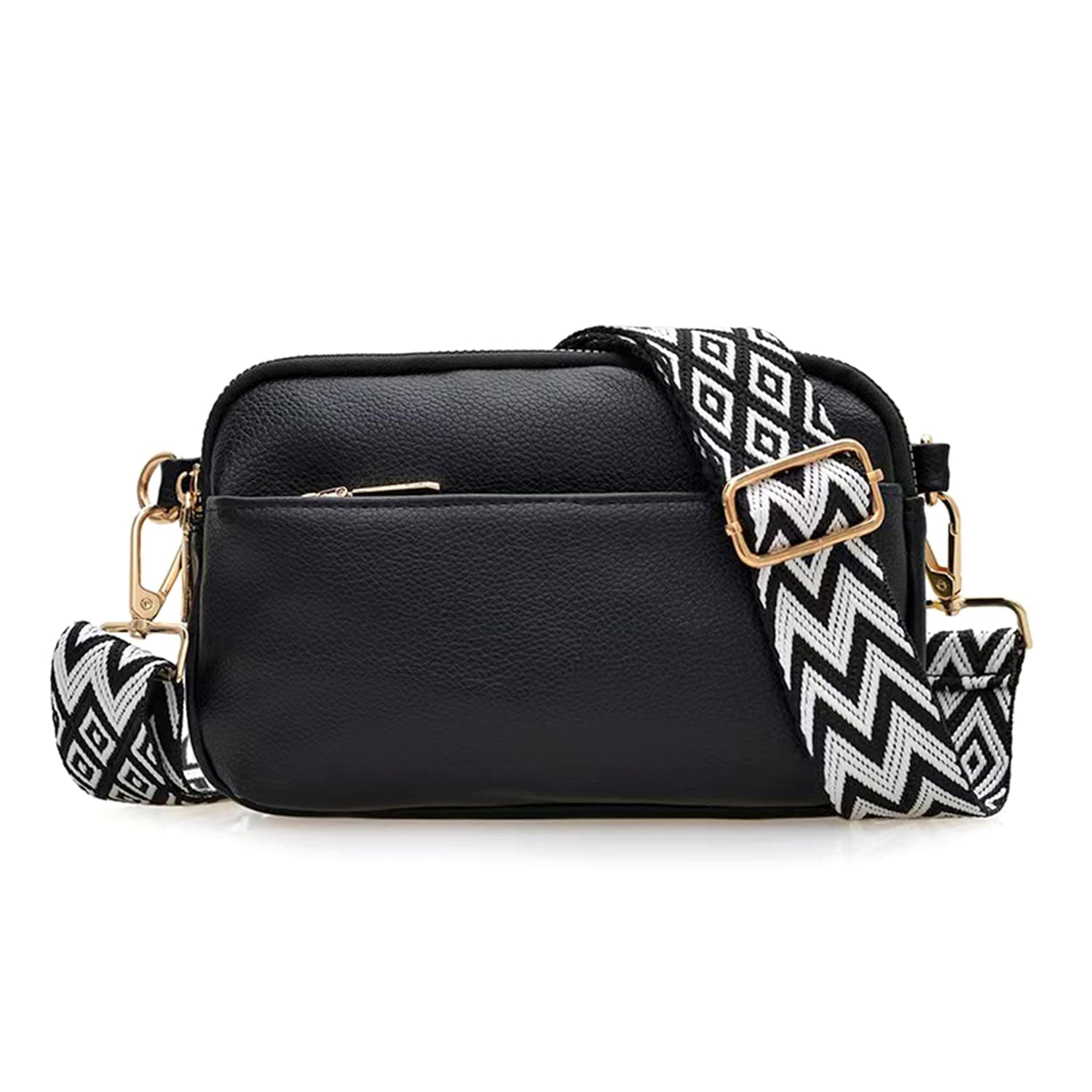 Umhängetasche mit 3 Reißverschlüssen für Damen, veganes Leder, kleine Schulterhandtaschen mit breitem Riemen Schwarz Angebot bei HelloDeals