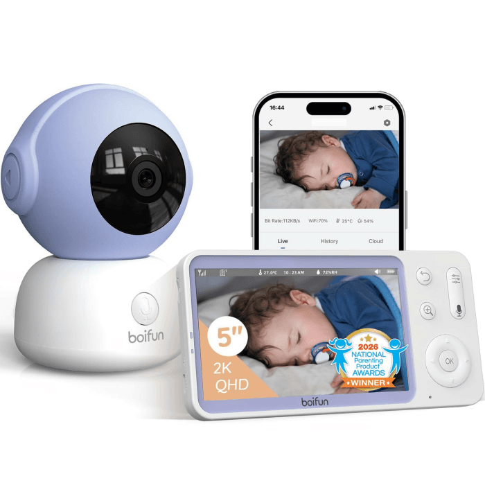 BOIFUN 2026 2K/3MP Babyphone mit Kamera WLAN, Nachtsicht ohne Sichtbares Licht, 5" Video Babyfon mit App, 360° Automatische Verfolgung, Weinen-, Bewegungs- und Geräuscherkennung, Temperaturerkennung Lila Babyphone mit 1 Kamera Angebot bei HelloDeals