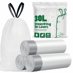 Yolaist Müllbeutel, 30 l, 20 um stark, hoch, Küche, Tretmüllbeutel, 45 Stück, weiß, 30 l Müllbeutel mit Bindegriff, dick, schnelle Dosierung Angebot bei HelloDeals