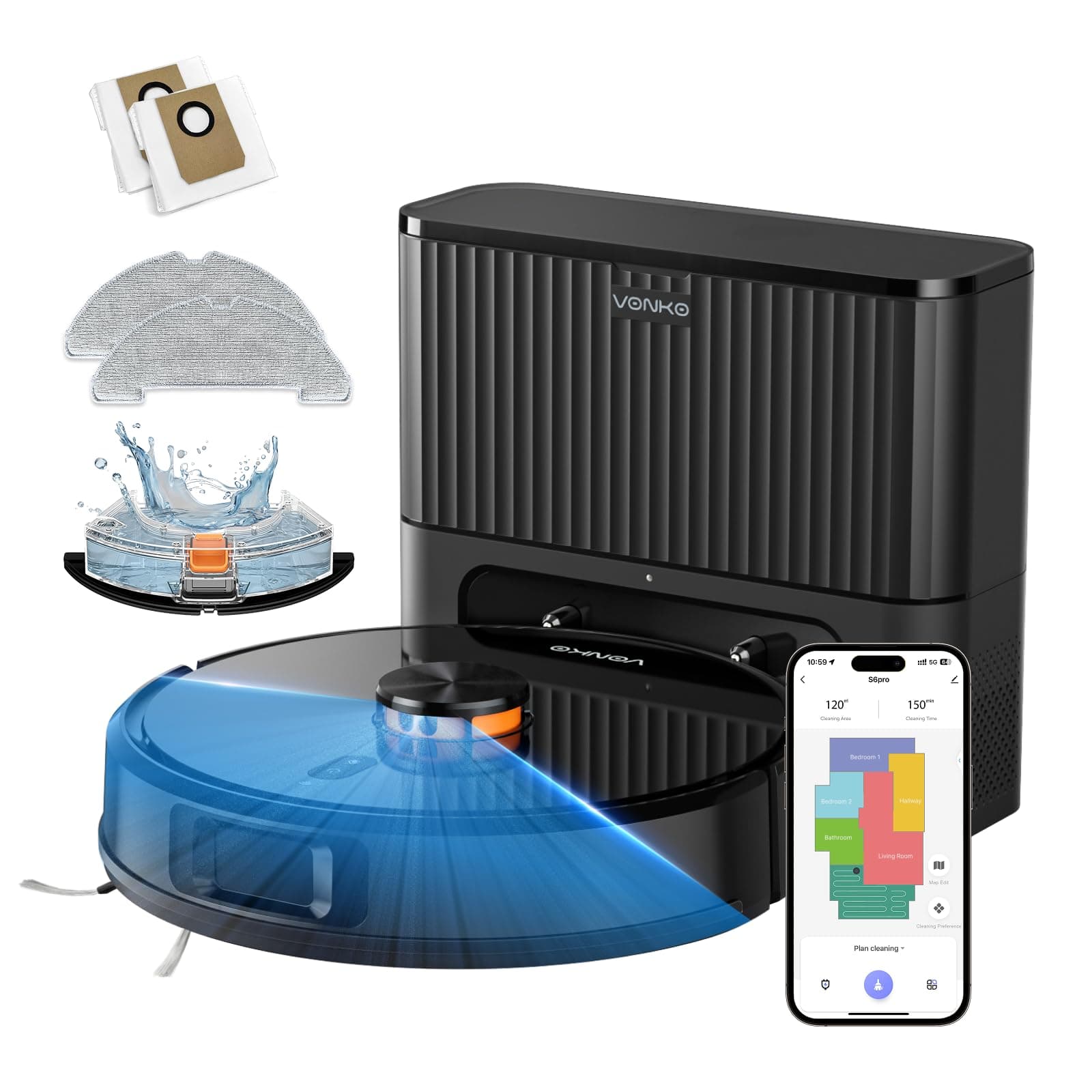 VONKO S6 Pro Saugroboter mit Wischfunktion und Absaugstation, 8000Pa Saugkraft,LiDAR 2.0 Laser Navigation,180 Min.Laufzeit,Teppicherkennung,App/Alexa,Ideal für Tierhaare,Hartböden,Onyxschwarz Angebot bei HelloDeals